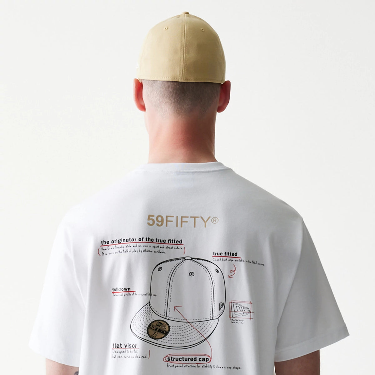 59FIFTY Fitted Cap Description Graphic White T-Shirt, rear view showing the graphic print with detailed instructions for a cap on the back, worn by a model in a beige cap that features a row of eyelets.