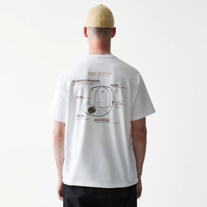 59FIFTY Fitted Cap Description Graphic White T-Shirt, rear view showing a graphic diagram featuring text and illustrations of a cap design across the back, worn by a person standing with a beige cap on their head.