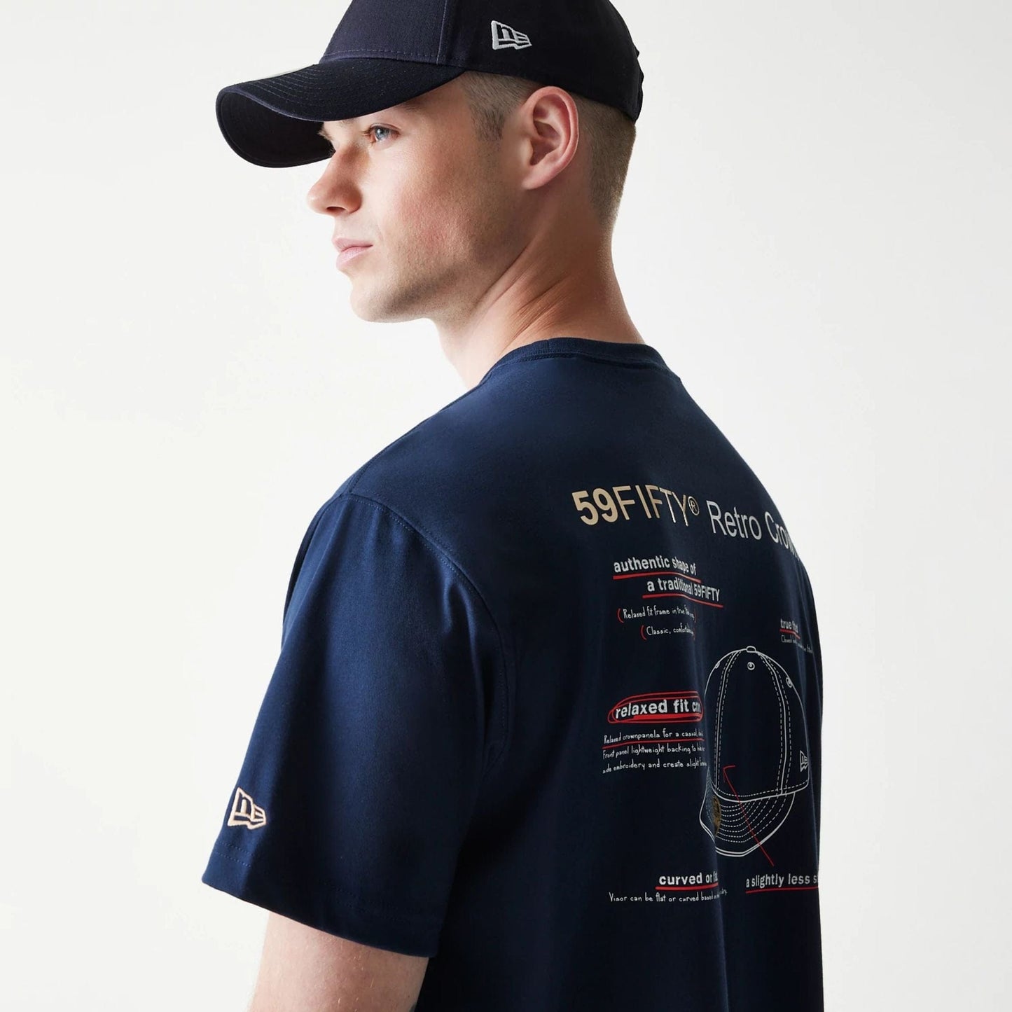 The Male model is wearing Retro Crown 59FIFTY Fitted Cap Description Navy T-Shirt 5