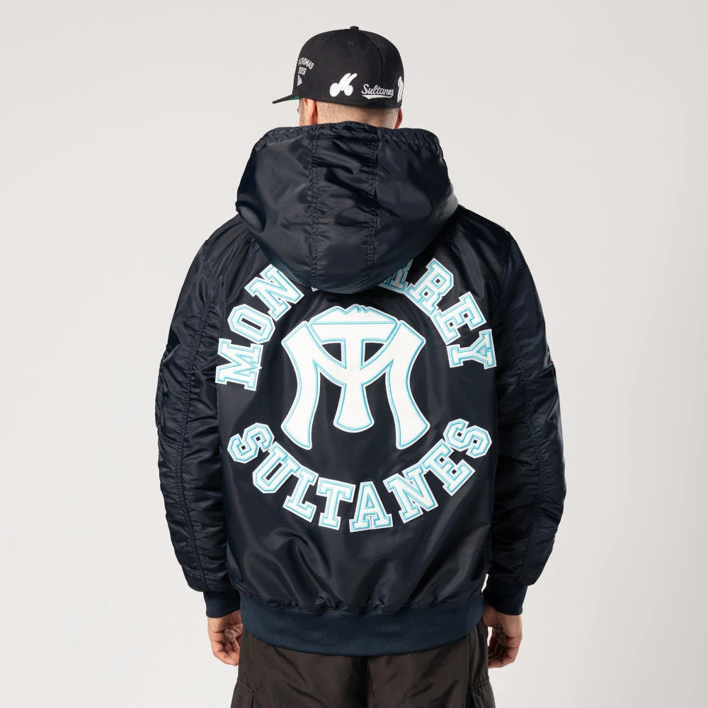 The Male model is wearing Sultanes De Monterrey LMB X Alpha Navy Jacket 2