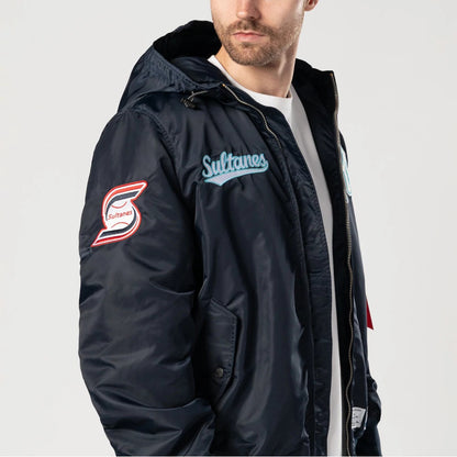 The Male model is wearing Sultanes De Monterrey LMB X Alpha Navy Jacket 4