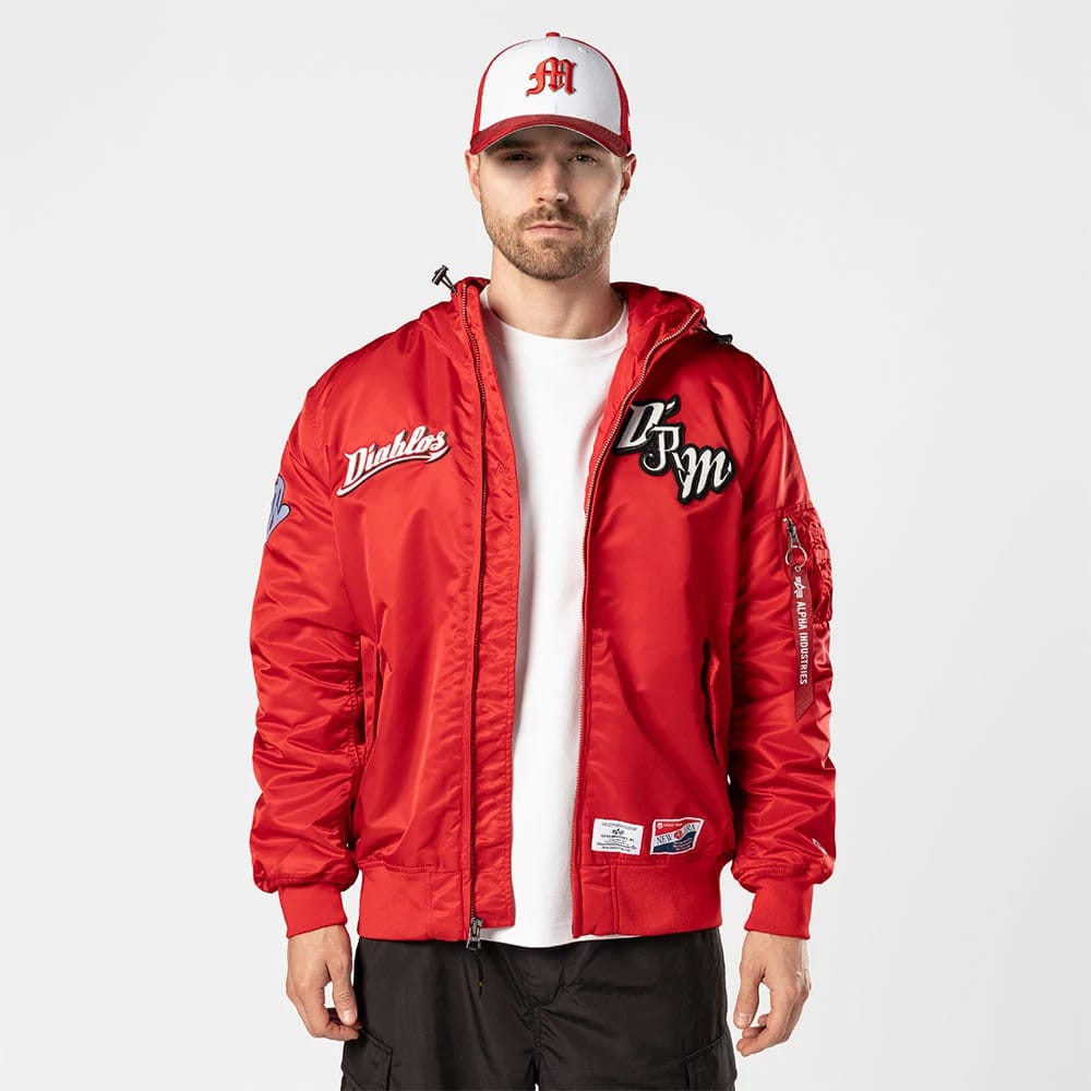 The Male model is wearing Mexico Diablos LMB X Alpha Red Jacket 1