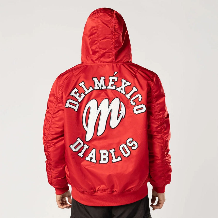 The Male model is wearing Mexico Diablos LMB X Alpha Red Jacket 6
