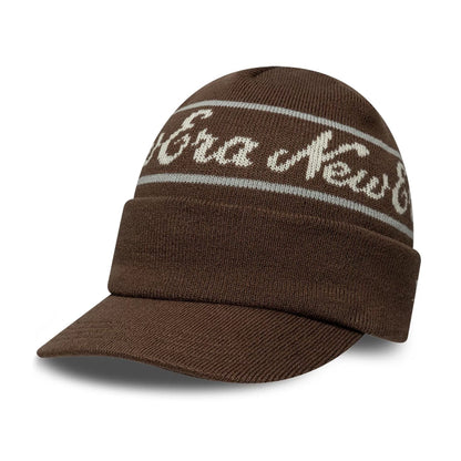 This is a New Era Dark Brown Visor Knit Beanie Hat 1