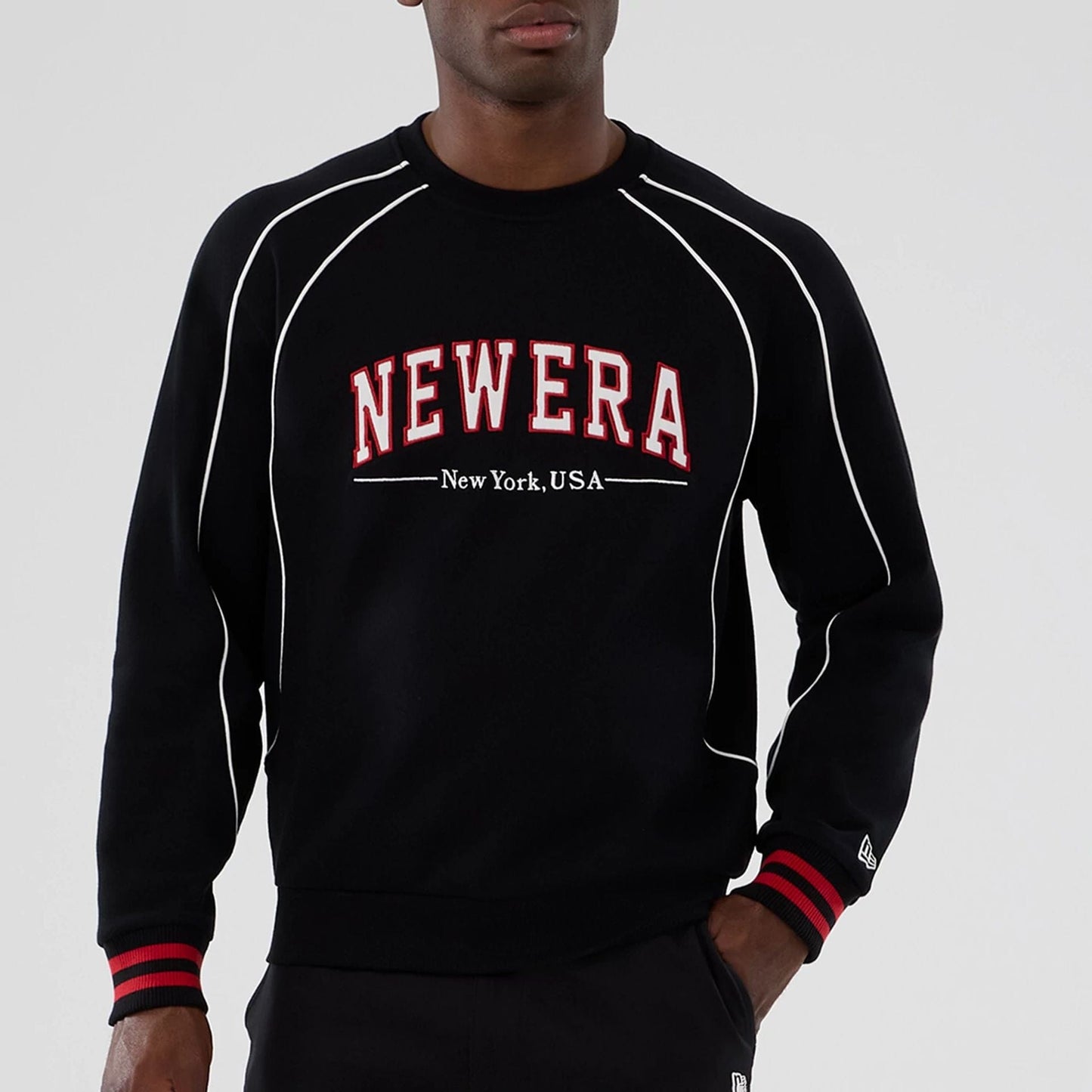 The Male model is wearing New Era Colour Block Black Crew Neck Sweater 7