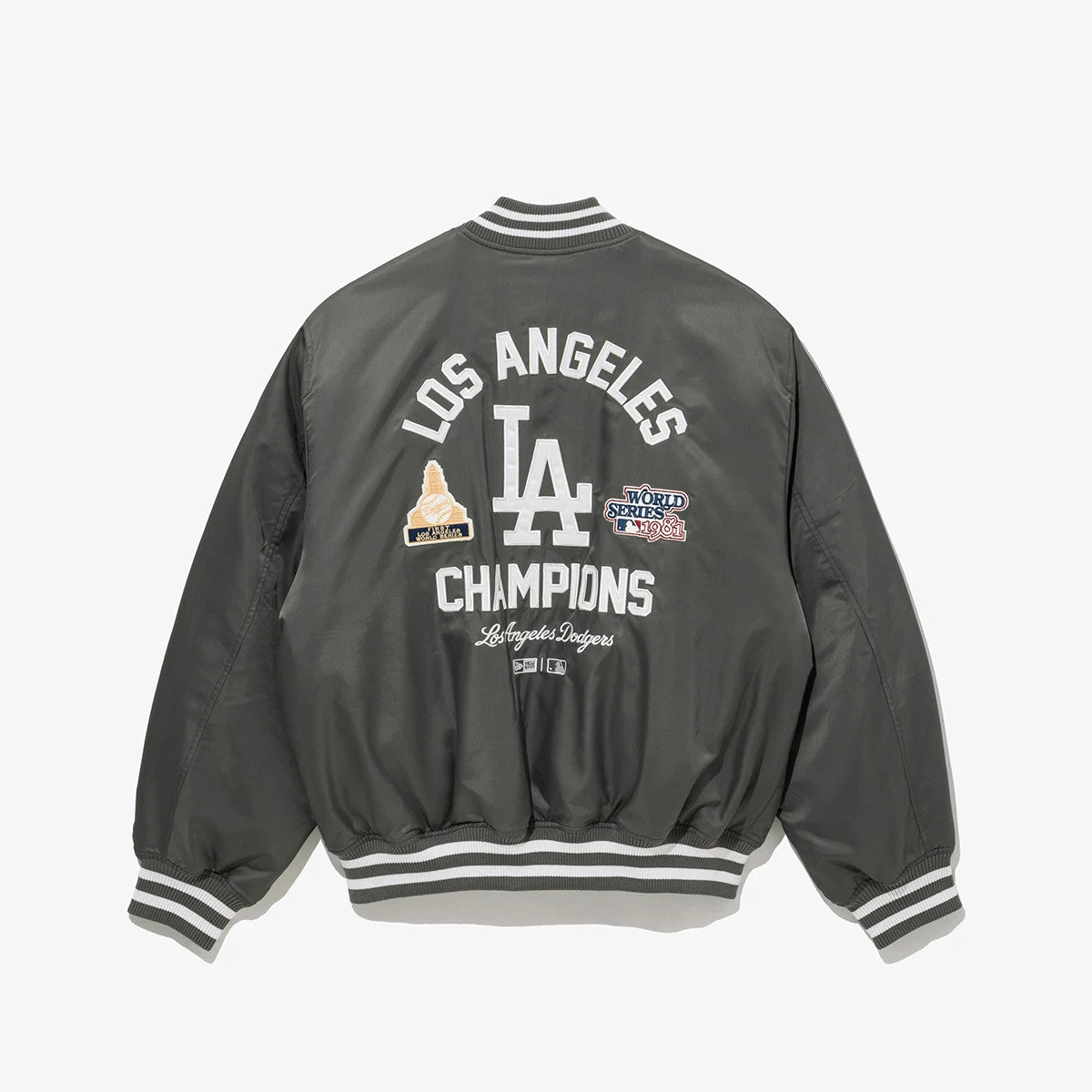 The Male model is wearing LA Dodgers MLB Grey Stadium Jacket 2