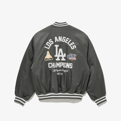 The Male model is wearing LA Dodgers MLB Grey Stadium Jacket 2