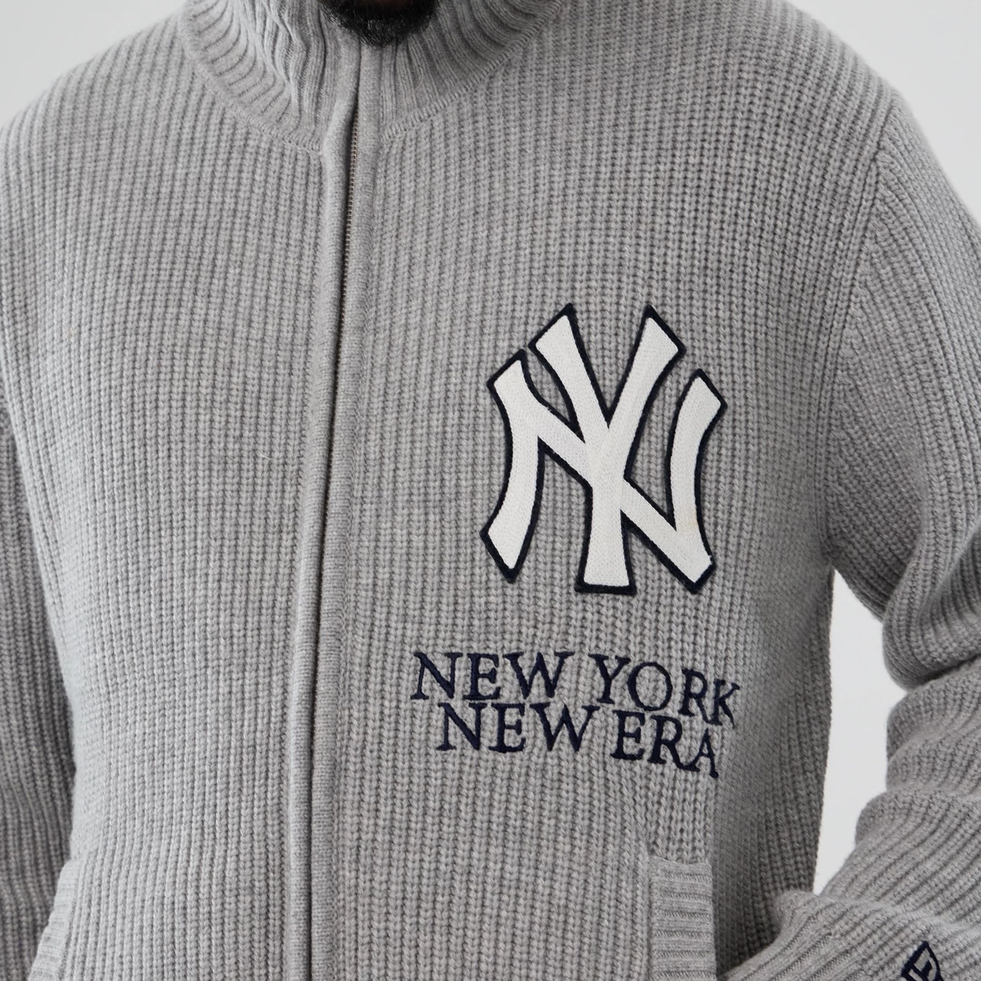 The Male model is wearing New York Yankees MLB Grey Cardigan 3