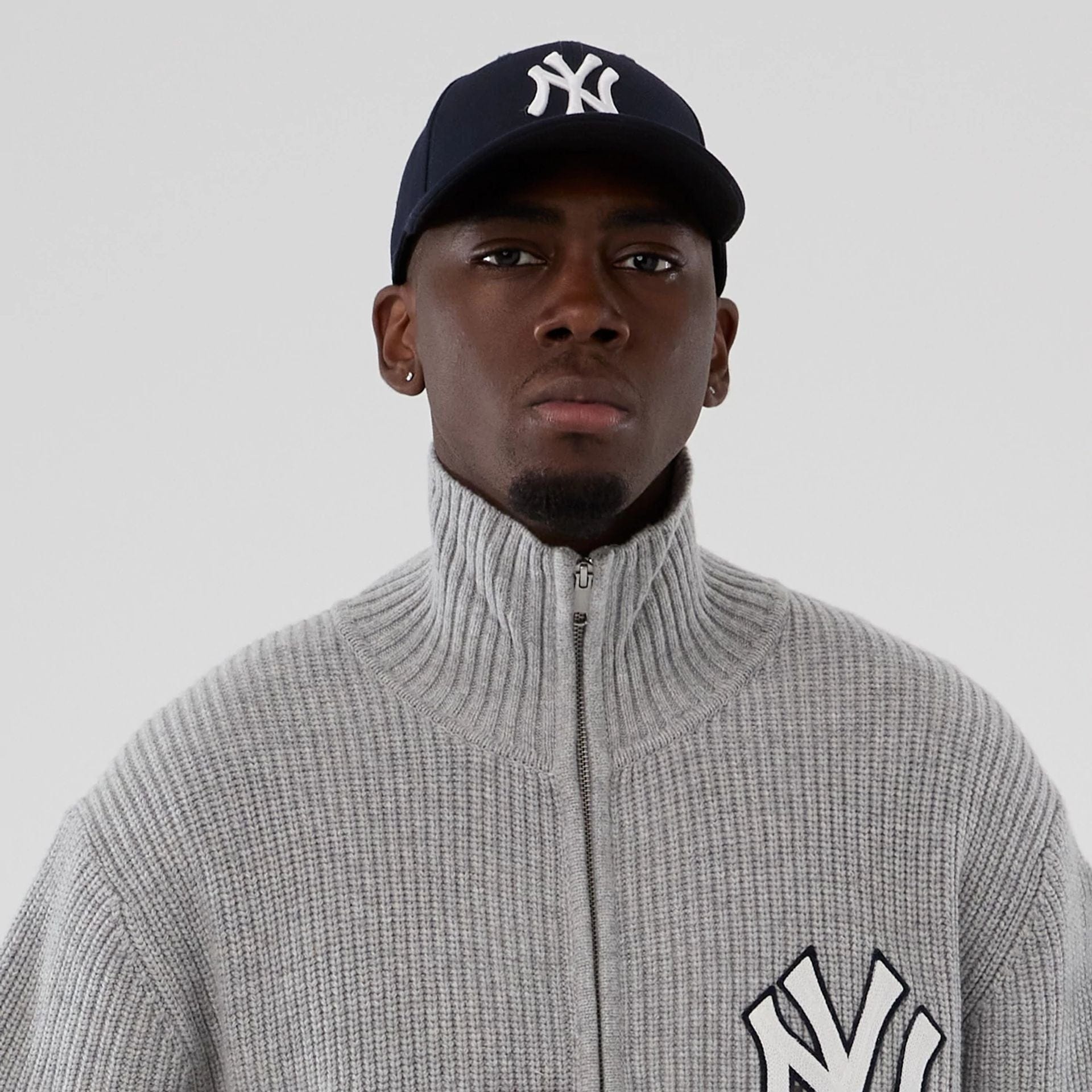 The Male model is wearing New York Yankees MLB Grey Cardigan  6