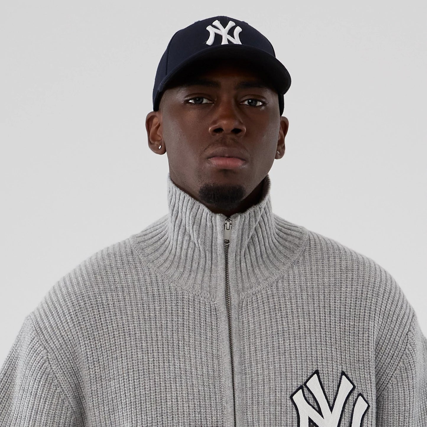 The Male model is wearing New York Yankees MLB Grey Cardigan 6