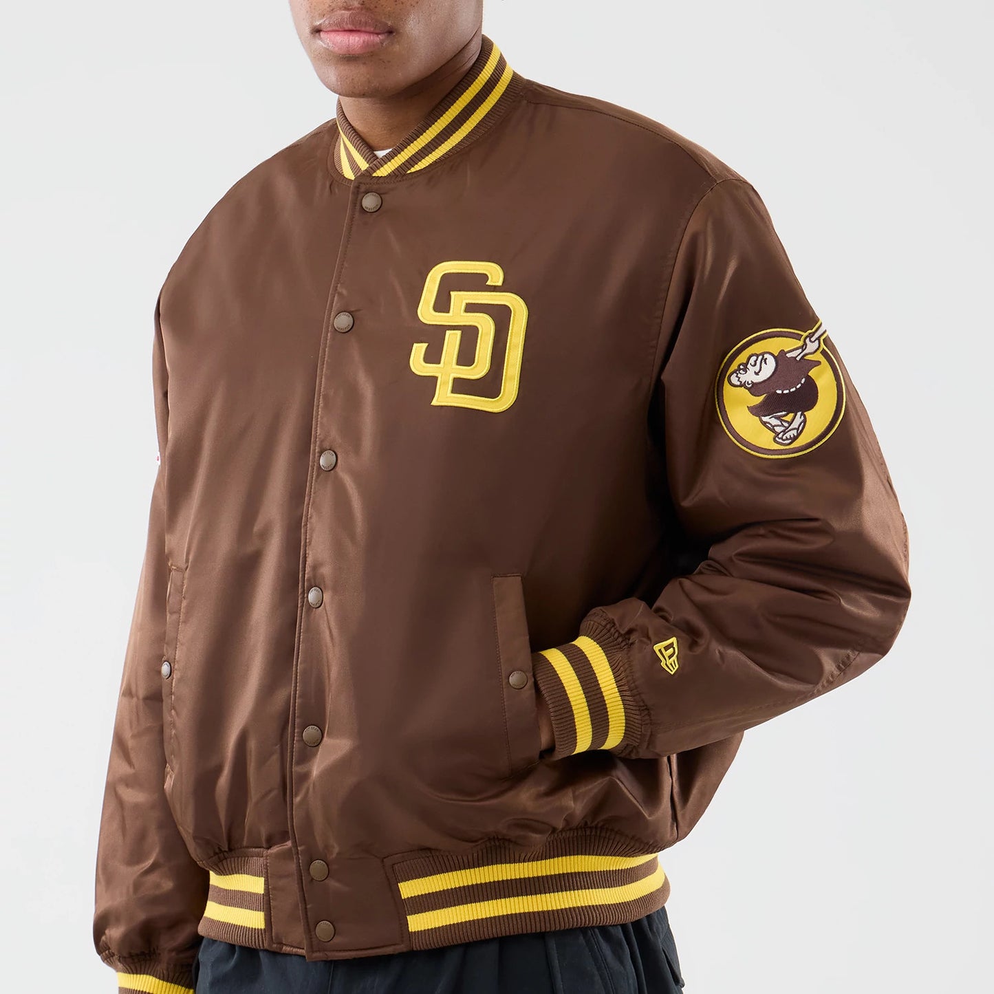 The Male model is wearing San Diego Padres MLB Authentic Dark Brown Stadium Jacket 3