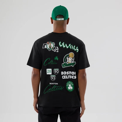 The model is wearing this NBA logo Boston Celtics T-Shirt in black. 2