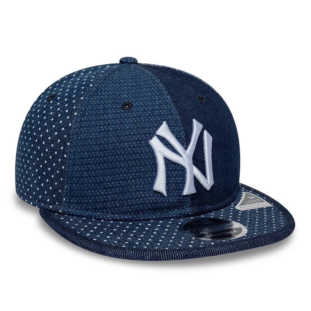 Pictured is this MLB Multi Panel Denim New York Yankees Retro Crown 9FIFTY cap in dark blue. 3