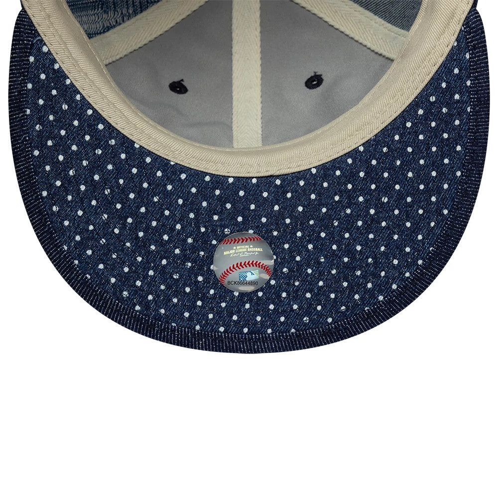 Pictured is this MLB Multi Panel Denim New York Yankees Retro Crown 9FIFTY cap in dark blue. 4