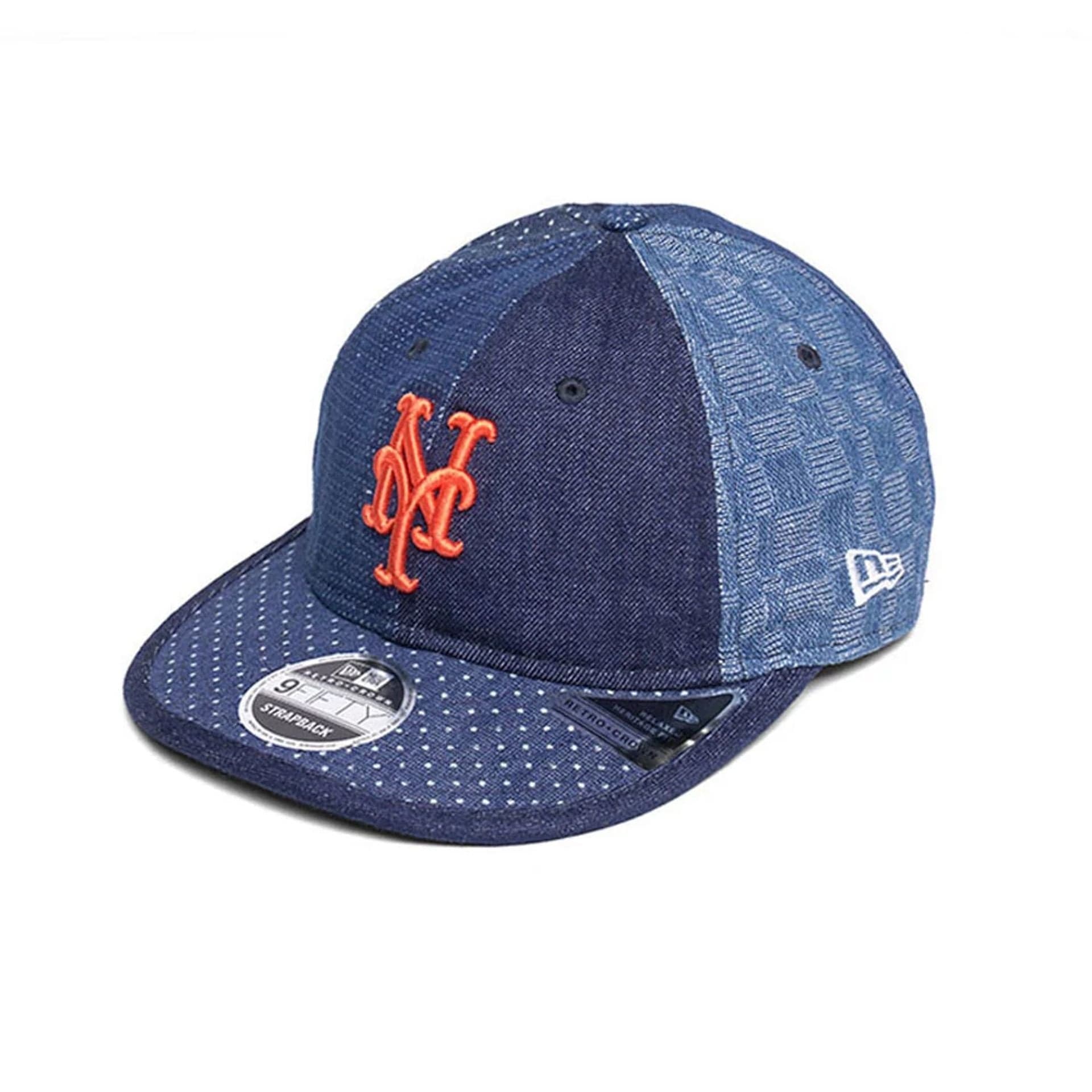 Pictured is this MLB Multi Panel Denim New York Mets Retro Crown 9FIFTY cap in dark blue. 1