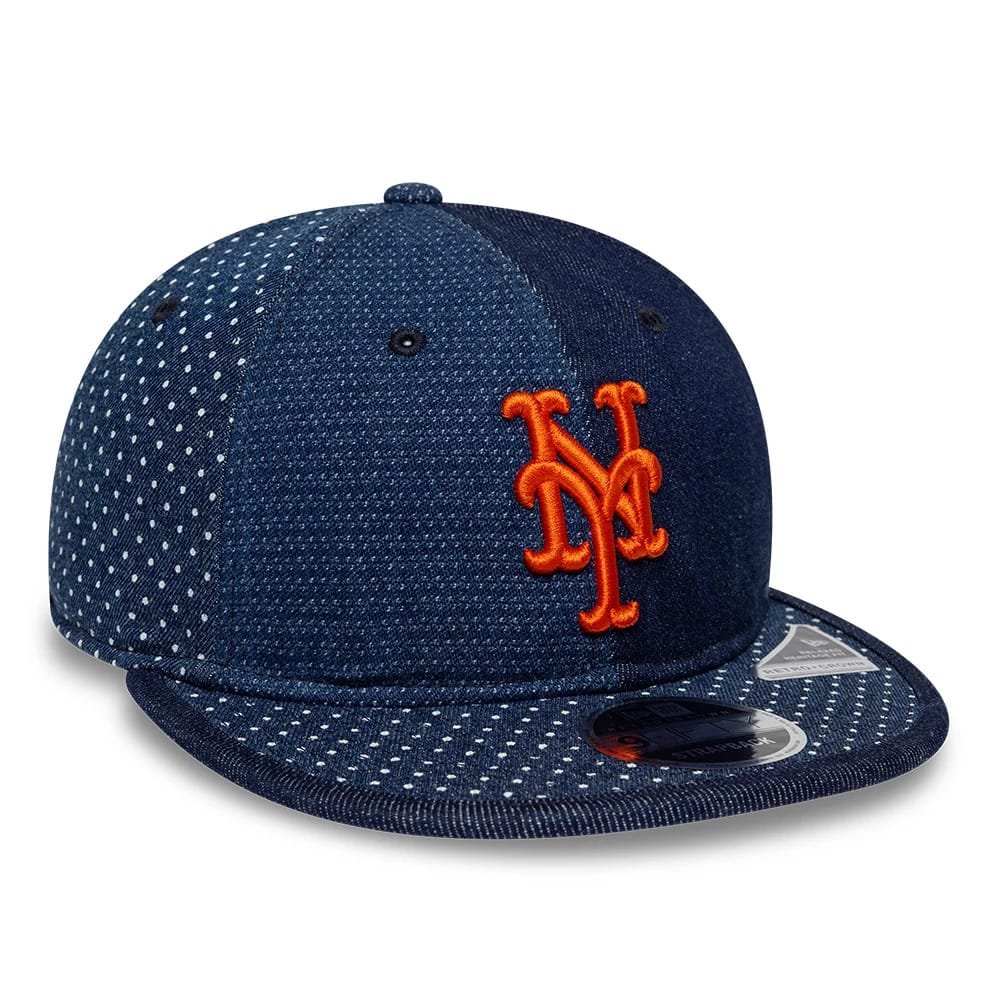 Pictured is this MLB Multi Panel Denim New York Mets Retro Crown 9FIFTY cap in dark blue. 3
