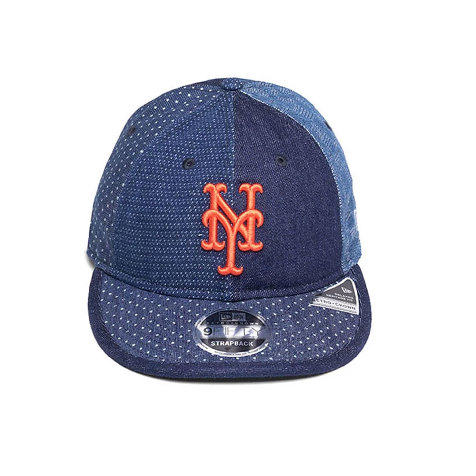 Pictured is this MLB Multi Panel Denim New York Mets Retro Crown 9FIFTY cap in dark blue. 2