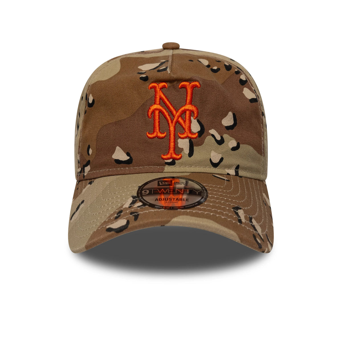 New York Mets MLB Camo Reserve Desert Camo New Era 9TWENTY A-Frame Adjustable Cap, front view showing raised orange NY logo embroidered on camouflage crown, with 9TWENTY size sticker on the camo visor.