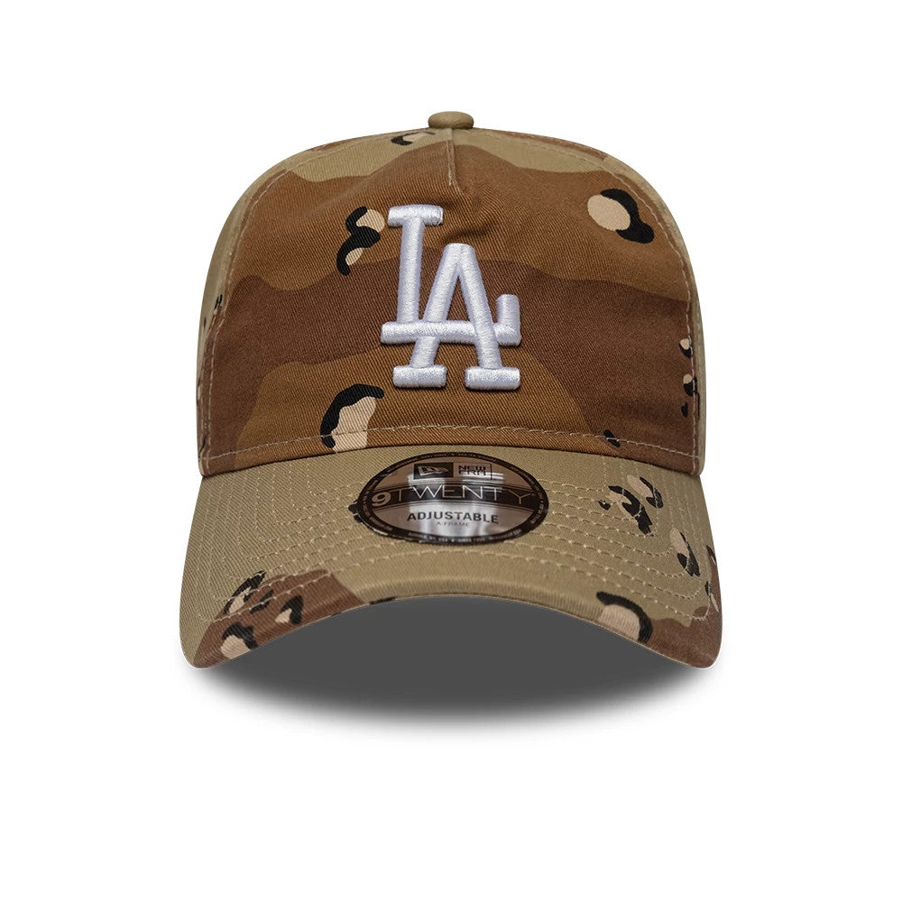 LA Dodgers MLB Camo Reserve Desert Camo New Era 9TWENTY A-Frame Adjustable Cap, front view with raised white LA logo embroidery on camo panels and a 9TWENTY size sticker on the camouflage visor.