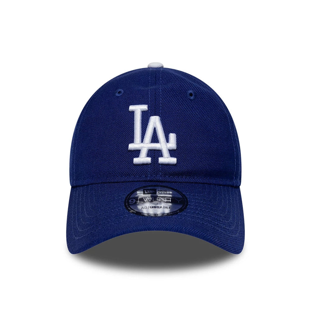 LA Dodgers MLB Wool Blue New Era 9TWENTY Adjustable Cap, front view showing a raised white LA logo on the structured blue crown and a 9TWENTY size sticker centred on the blue visor.