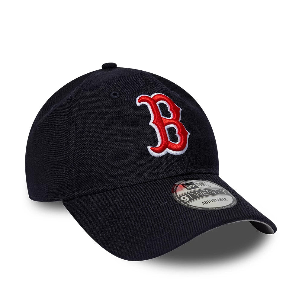 Boston Red Sox MLB Wool Navy New Era 9TWENTY Adjustable Cap, front view showing the raised red B logo embroidered on the front panel, set above the visor with a 9TWENTY size sticker.