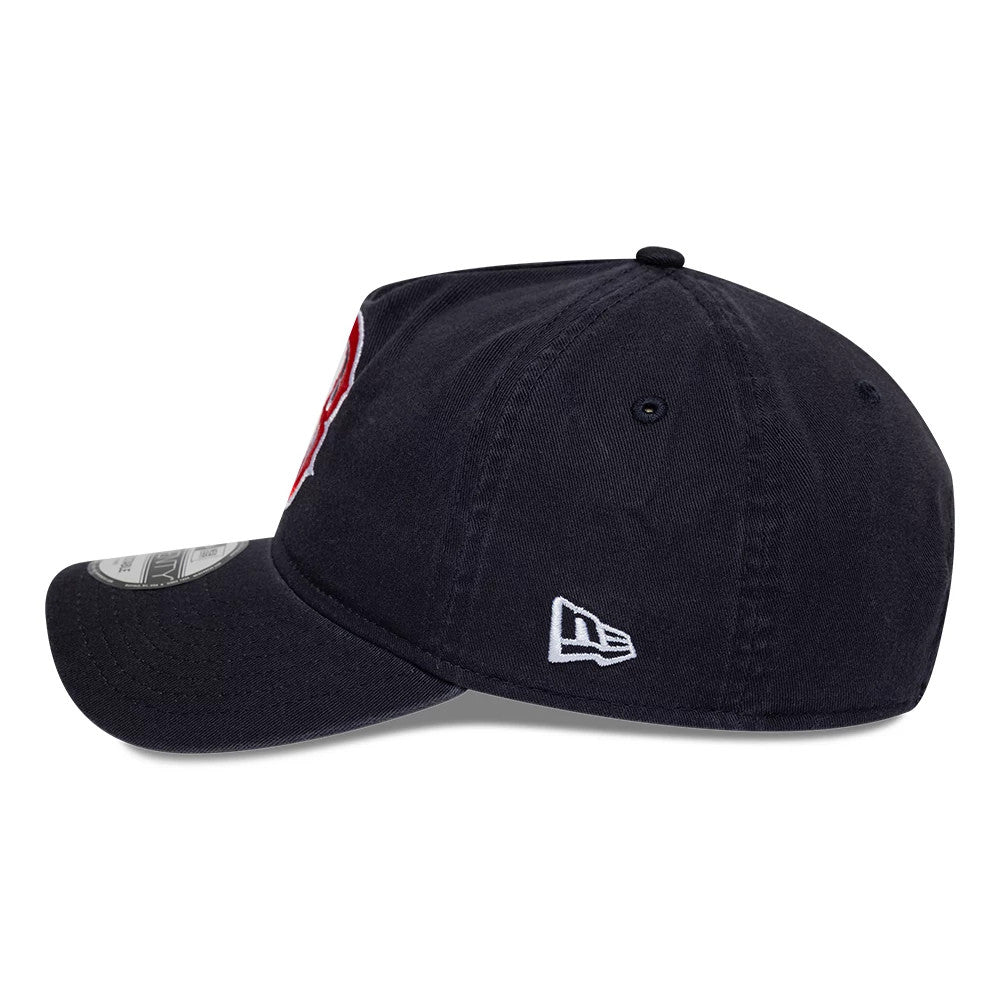 Boston Red Sox MLB Navy New Era 9TWENTY A-Frame Adjustable Cap, side view showing the raised red B logo on the front panel, contrasting white New Era flag logo on the left side, and curved visor with a 9TWENTY size sticker.