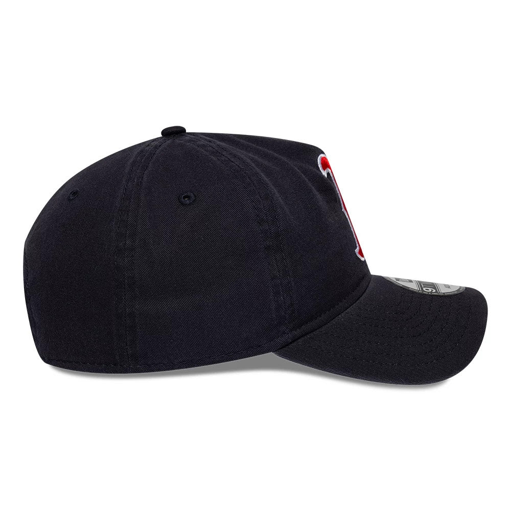 Boston Red Sox MLB Navy New Era 9TWENTY A-Frame Adjustable Cap, side view showing the raised red and white embroidered Red Sox B logo on the front panel and a curved visor with the 9TWENTY size sticker.