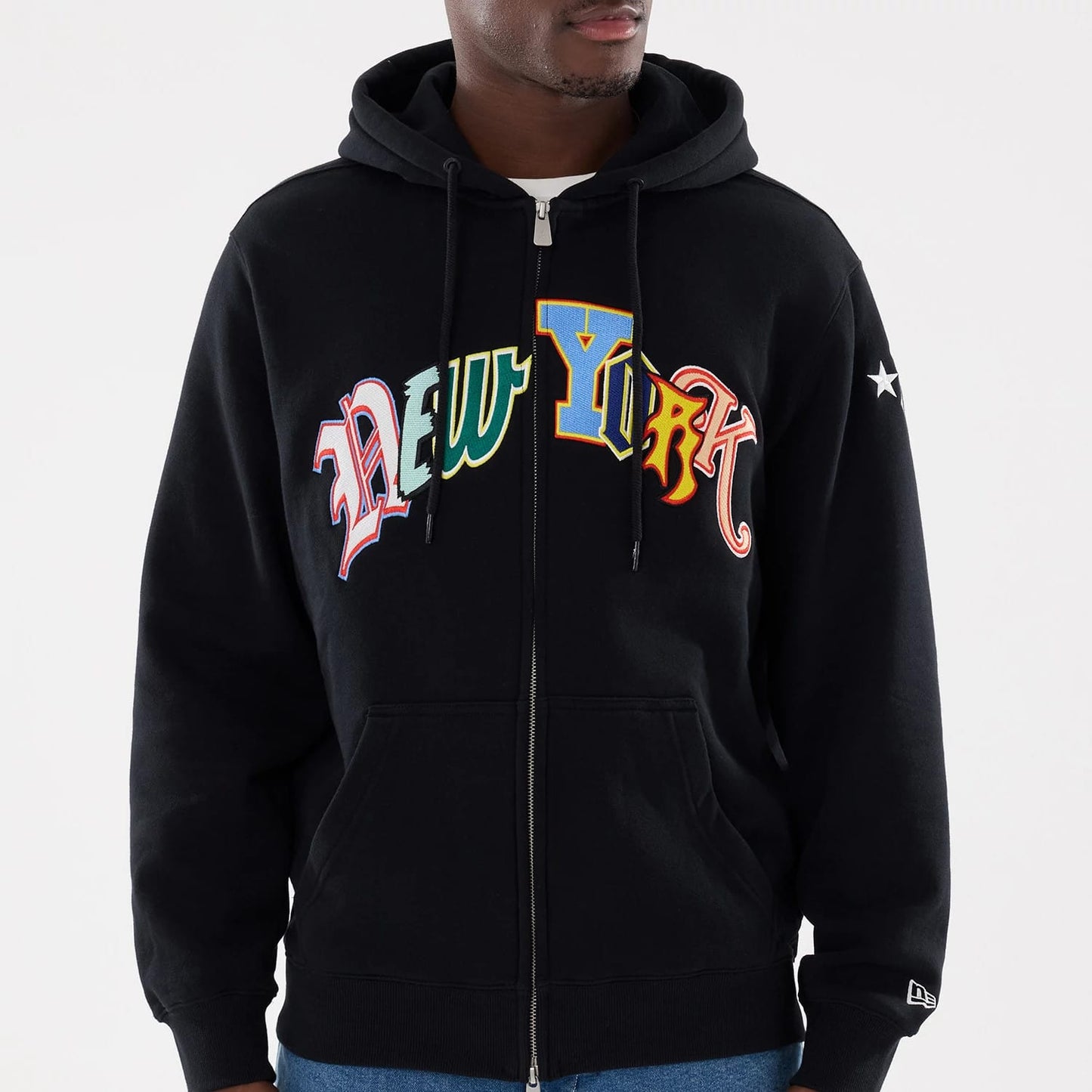 The model is wearing this MLB Word Art New York Yankees 2 Way Full Zip Hoodie in black. 3