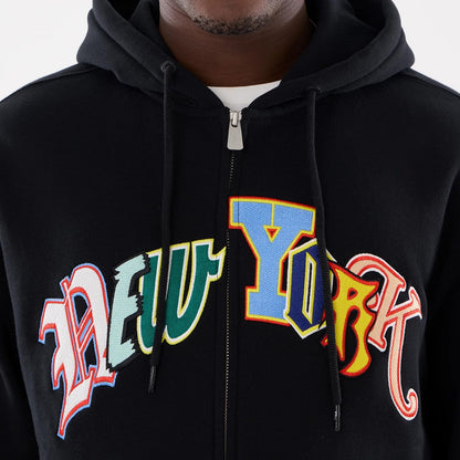 The model is wearing this MLB Word Art New York Yankees 2 Way Full Zip Hoodie in black. 4