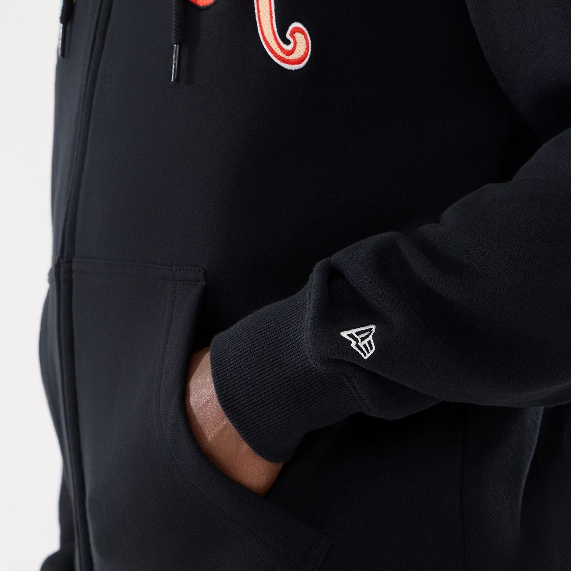 The model is wearing this MLB Word Art New York Yankees 2 Way Full Zip Hoodie in black. 5