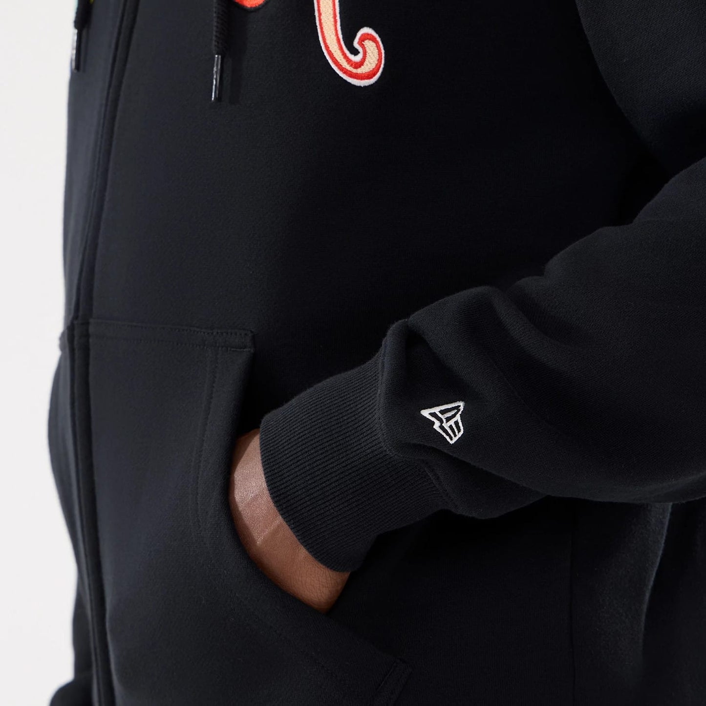 The model is wearing this MLB Word Art New York Yankees 2 Way Full Zip Hoodie in black. 5
