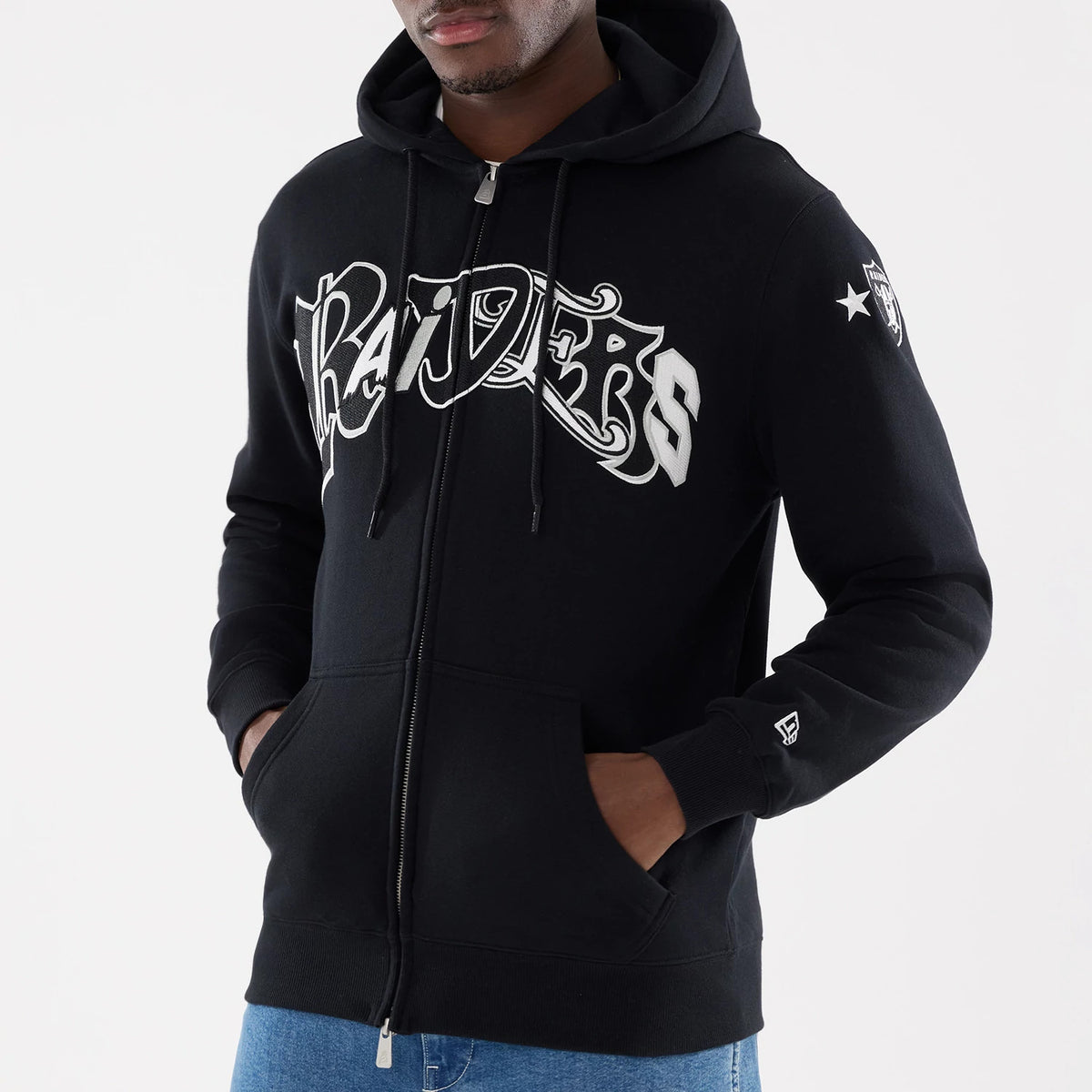 The model is wearing this MLB Word Art Las Vegas Raiders 2 Way Full Zip Hoodie in black. 3