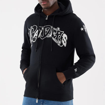 Las Vegas Raiders NFL Word Art Black 2 Way Full Zip Hoodie, front view showing black fabric with bold white "Raiders" text across the chest, adjustable drawstring hood, full-length zip closure, and a raised New Era logo on the left cuff.