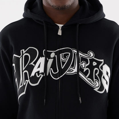 The model is wearing this MLB Word Art Las Vegas Raiders 2 Way Full Zip Hoodie in black. 4