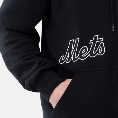 The model is wearing this MLB Comfort New York Mets 2 Way Full Zip Hoodie in black. 4