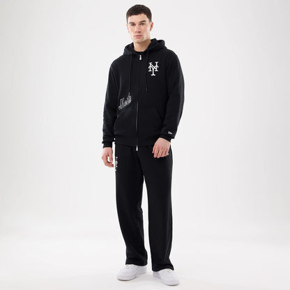 The model is wearing this MLB Comfort New York Mets 2 Way Full Zip Hoodie in black. 8