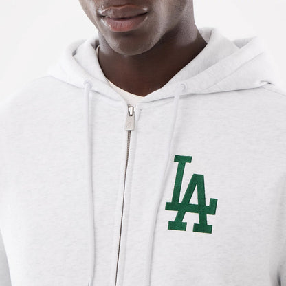 The model is wearing this MLB Comfort LA Dodgers 2 Way Full Zip Hoodie in grey. 3