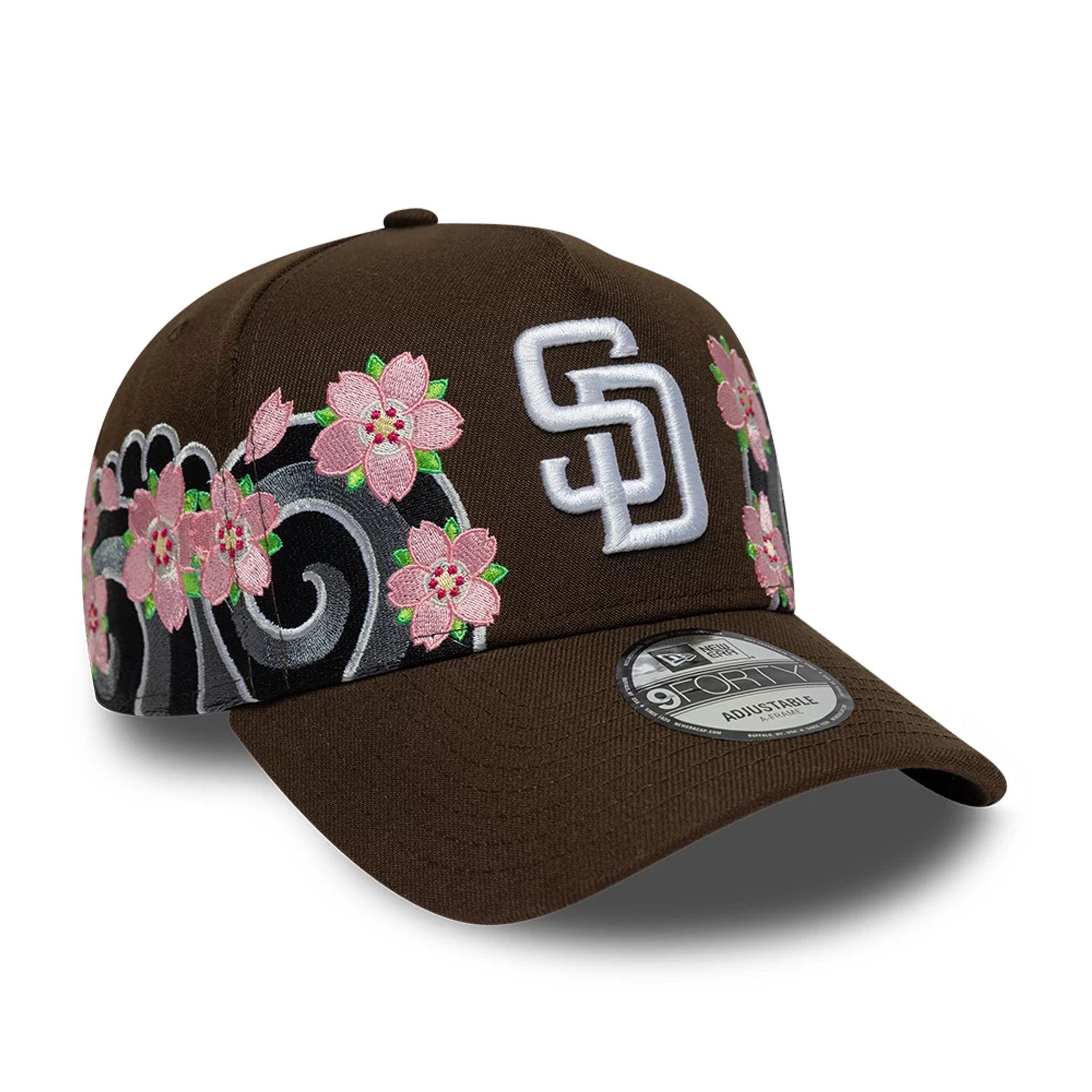 Pictured is this MLB Sakura San Diego Padres 9FORTY A-Frame cap in dark brown. 3
