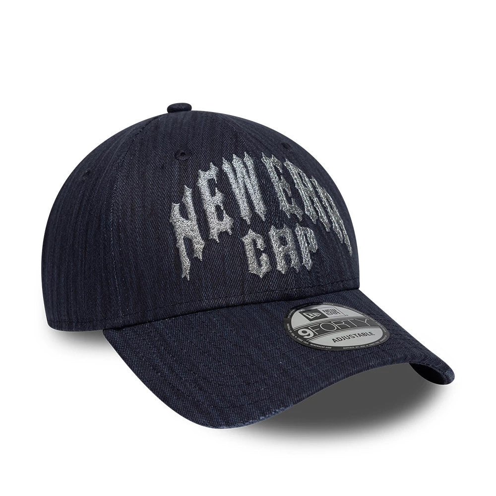 New Era Street Archived Navy New Era 9FORTY Adjustable Cap, three-quarter view showing raised silver embroidered New Era Cap lettering on the front panel, with a curved visor and a 9FORTY size sticker on top.