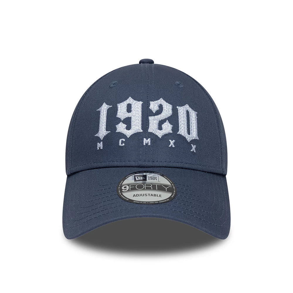 New Era Street Archived Dark Blue 9FORTY Adjustable Cap, front view showing the white embroidered 1920 logo with Roman numerals on the structured crown, featuring a curved visor with a 9FORTY size sticker.