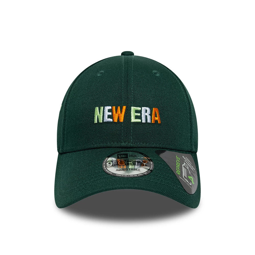 New Era Earth Day Dark Green New Era 9FORTY Adjustable Cap, front view showing multicoloured raised embroidery NEW ERA lettering on the front panel, with the 9FORTY size sticker on the dark green curved visor.