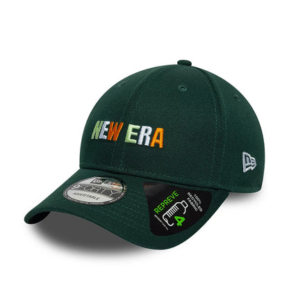 New Era Earth Day Dark Green New Era 9FORTY Adjustable Cap, front view showing multicolour embroidered NEW ERA text on the structured crown, with a 9FORTY size sticker on the visor and the New Era flag logo on the left side.
