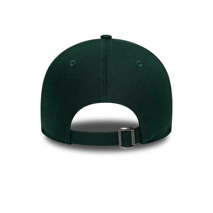 New Era Earth Day Dark Green 9FORTY Adjustable Cap, rear view showing the open back with an adjustable strap and metal buckle, centred on the structured dark green crown with tonal eyelets and top button.
