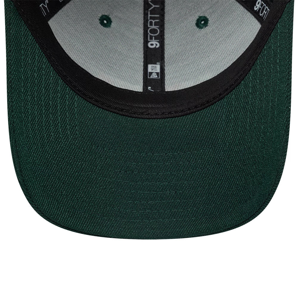 New Era Earth Day Dark Green 9FORTY Adjustable Cap, inside view showing the 9FORTY size sticker on the black undervisor, dark green taping and matching eyelets, with detailing on the sweatband.