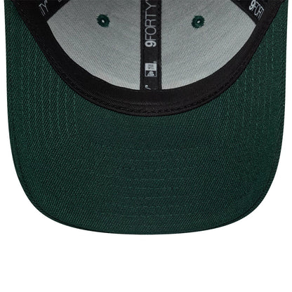 New Era Earth Day Dark Green 9FORTY Adjustable Cap, inside view showing the 9FORTY size sticker on the black undervisor, dark green taping and matching eyelets, with detailing on the sweatband.