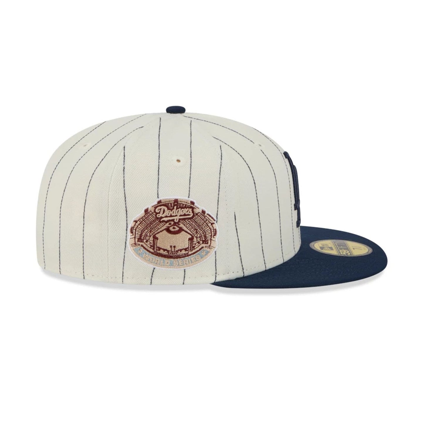 Pictured is this MLB Stripes LA Dodgers 59FIFTY Fitted cap in cream. 5