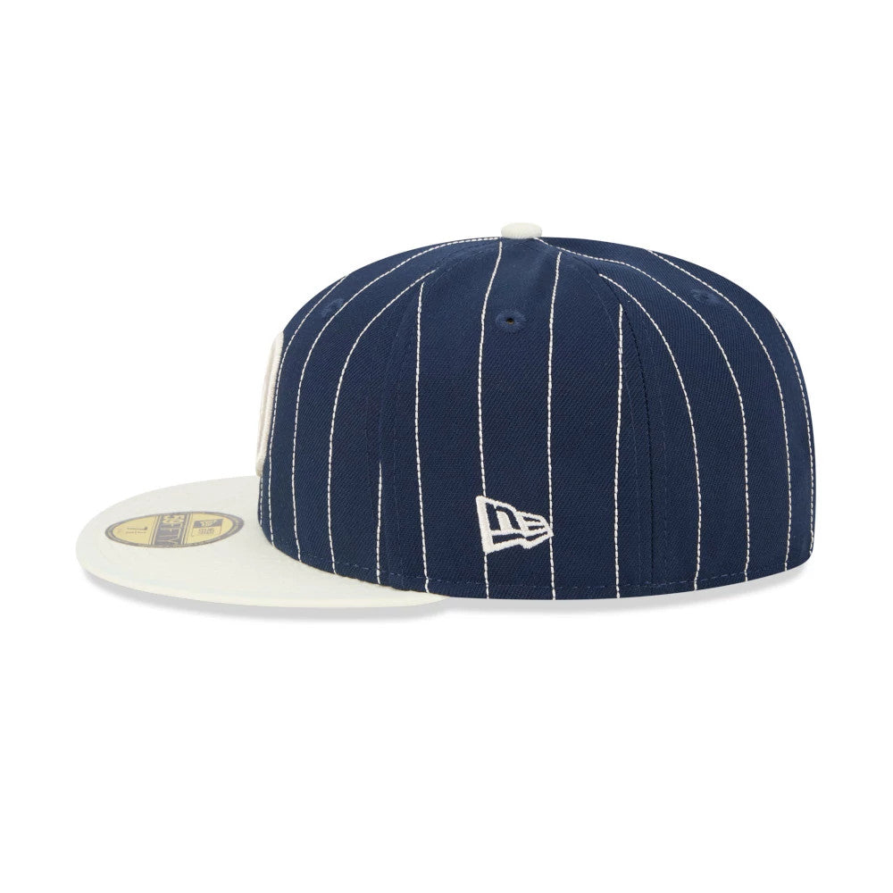 Detroit Tigers MLB Stripes Dark Blue New Era 59FIFTY Fitted Cap, side view showing the white embroidered New Era flag logo on the left side, with a white visor and gold 59FIFTY size sticker.