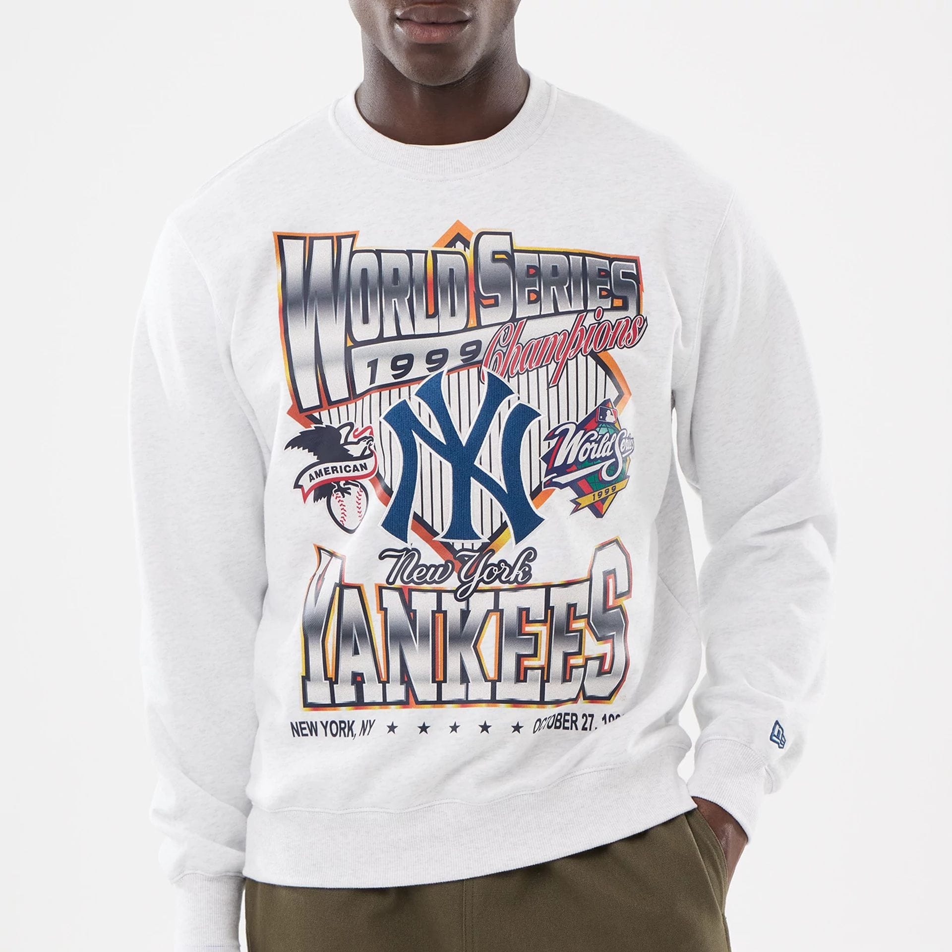 The model is wearing this MLB Retro New York Yankees Oversized Crew Neck Sweater in White 3