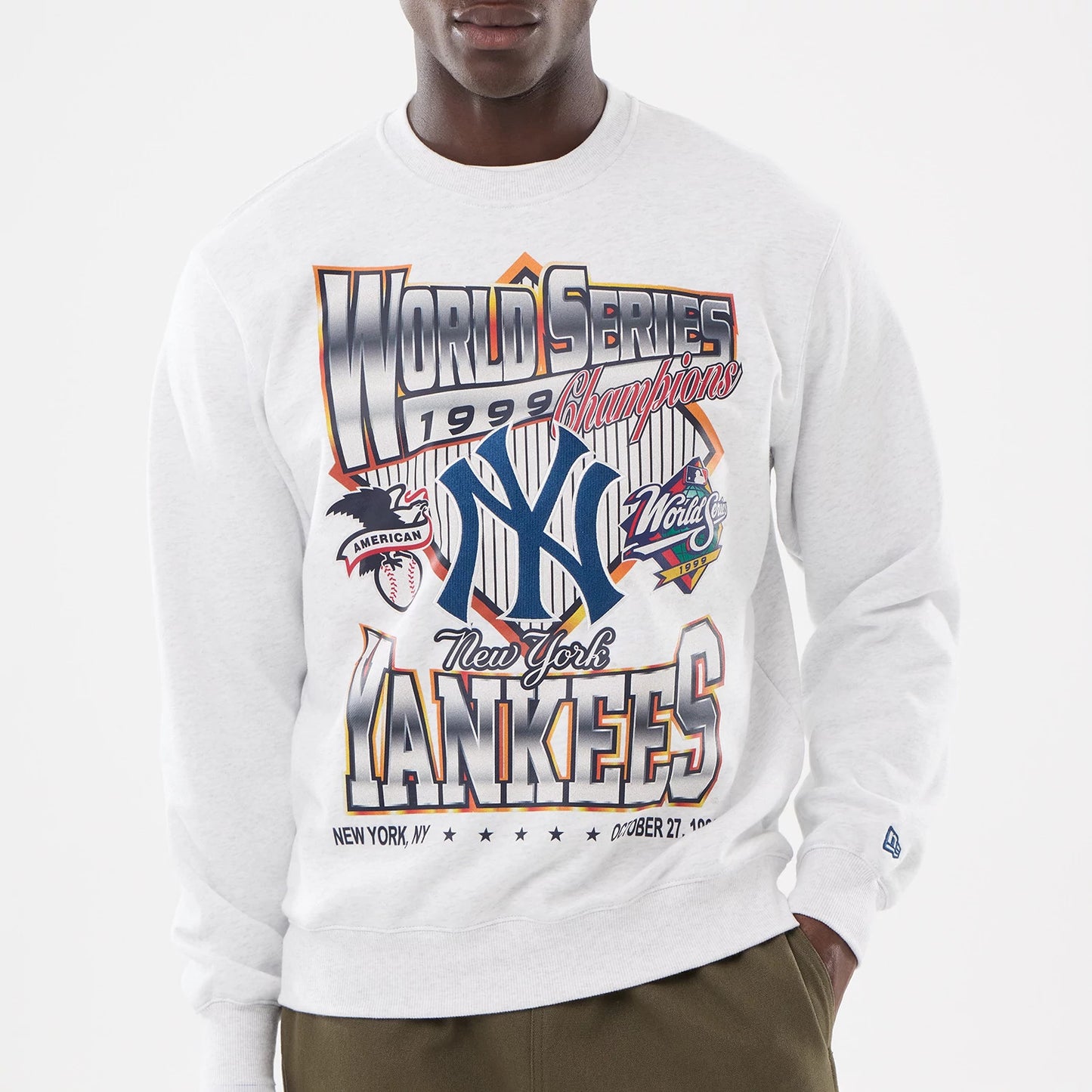 The model is wearing this MLB Retro New York Yankees Oversized Crew Neck Sweater in White 3