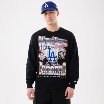 The model is wearing this MLB Retro LA Dodgers Oversized Crew Neck Sweater in black. 1